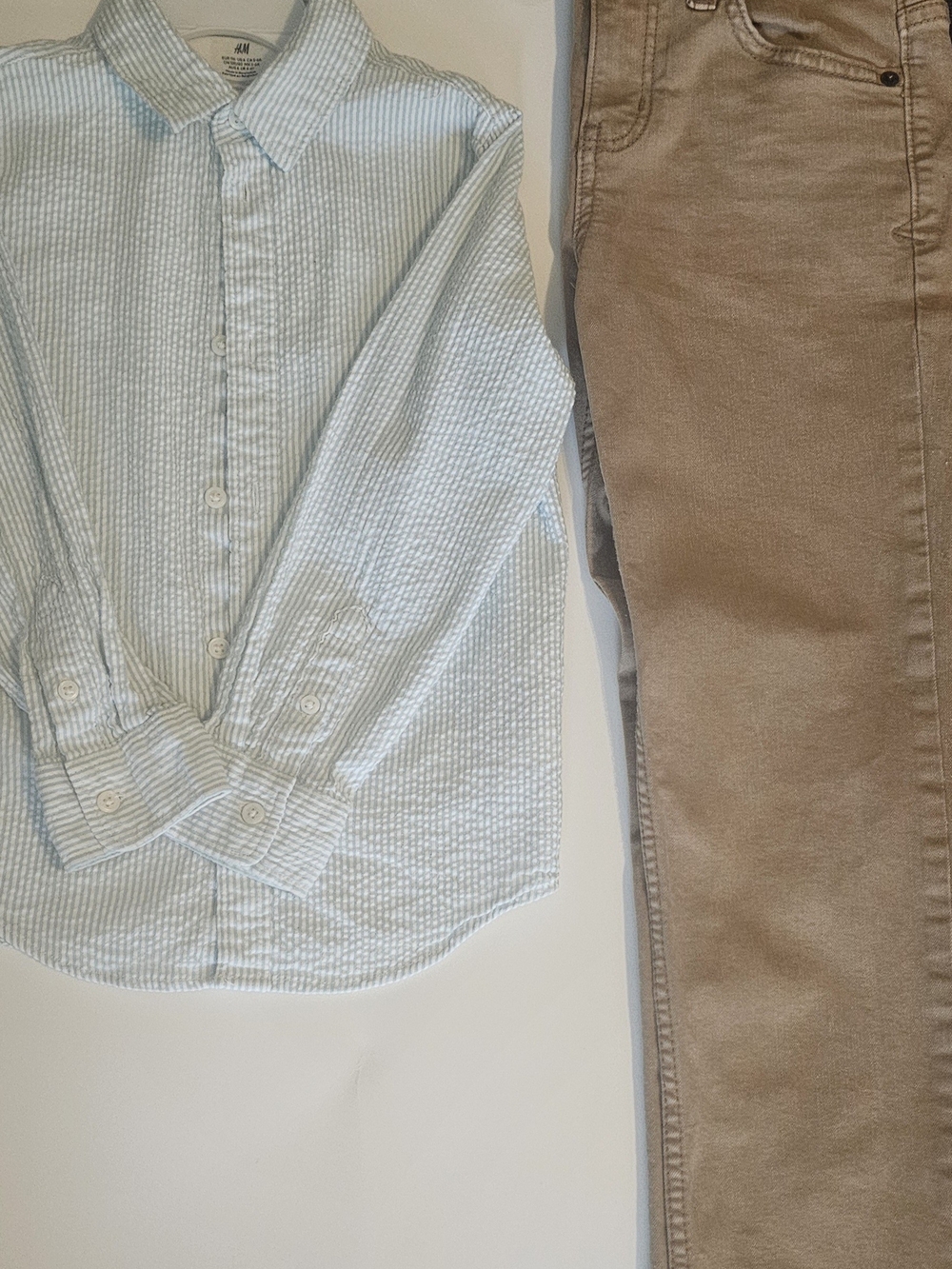 H&M Light Blue and White Seersucker Button-Down Shirt. Stretch Waist Khakis.